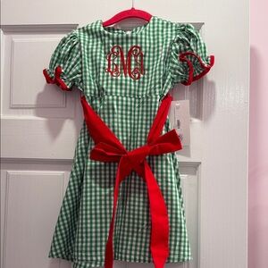 Green Gingham Dress with Red Bow